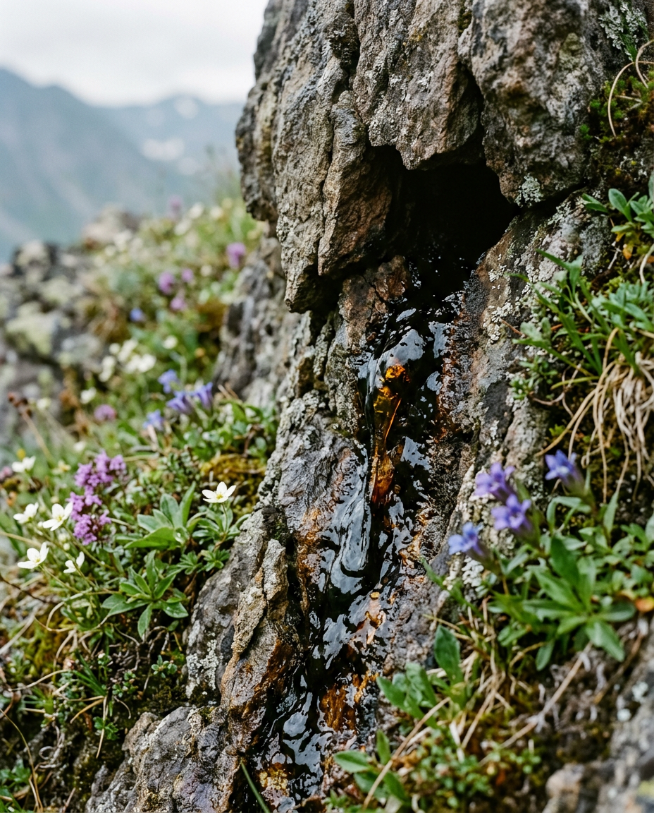 Dark glossy shilajit resin seeping from an ancient mountain rock crevice surrounded by wild Siberian herbs
